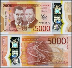 Jamaica 5,000 Dollars Banknote, 2022, P-101, UNC, Commemorative, Polymer