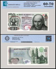 Mexico 10 Pesos Banknote, 1975, P-63h.2, UNC, Series 1DK, TAP 60-70 Authenticated