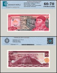 Mexico 20 Pesos Banknote, 1973, P-64b.3, UNC, Series AK, TAP 60-70 Authenticated