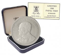 Lesotho 10 Maloti Silver Proof Coin, 1988, KM #50, Mint, Commemorative, Pope John Paul II, Coat of Arms