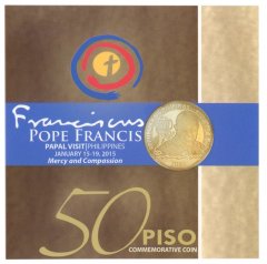 Philippines 50 Piso Coin, 2015, KM #290, Mint, Commemorative, Pope Francis, Bank Seal