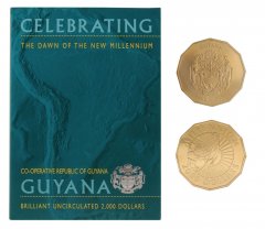 Guyana 2000 Dollars Coin, 1999-2000, KM #53a, Mint, Millennium Crown, Coat of Arms