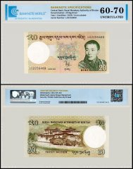Bhutan 20 Ngultrum Banknote, 2006, P-30a, UNC, TAP 60-70 Authenticated