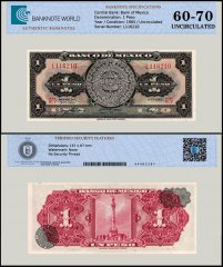 Mexico 1 Peso Banknote, 1965, P-59i.2, UNC, Series BCV, TAP 60-70 Authenticated