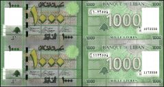Lebanon 1,000 Livres Banknote, 2012, P-90b, UNC, 2 Pieces Uncut Sheet