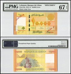 Lebanon 10,000 Livres, 2012-14, P-92s, Specimen, PMG 67