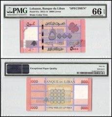 Lebanon 5,000 Livres, 2012-14, P-91s, Specimen, PMG 66
