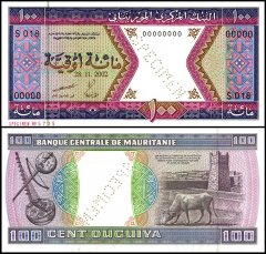 Mauritania 100 Ouguiya Banknote, 2002, P-4ks, UNC, Specimen