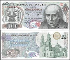 Mexico 10 Pesos Banknote, 1977, P-63i, UNC, Series 1EZ
