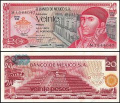 Mexico 20 Pesos Banknote, 1977, P-64d, UNC, Series DM