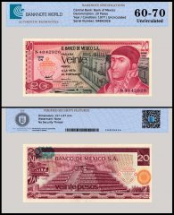 Mexico 20 Pesos Banknote, 1977, P-64d.4, UNC, Series DN, TAP 60-70 Authenticated