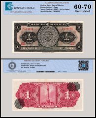 Mexico 1 Peso Banknote, 1967, P-59j.3, UNC, Series BDM, TAP 60-70 Authenticated