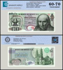 Mexico 10 Pesos Banknote, 1969, P-63b.2, UNC, Series 1Q, TAP 60-70 Authenticated
