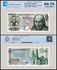 Mexico 10 Pesos Banknote, 1975, P-63h.3, UNC, Series 1DQ, TAP 60-70 Authenticated