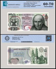 Mexico 10 Pesos Banknote, 1975, P-63h.3, UNC, Series 1DR, TAP 60-70 Authenticated