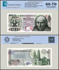 Mexico 10 Pesos Banknote, 1975, P-63h.3, UNC, Series 1DS, TAP 60-70 Authenticated