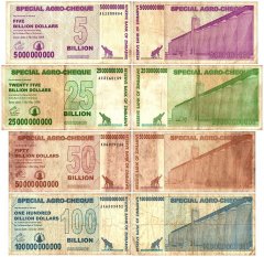 Zimbabwe 5-100 Billion Dollars Special Agro Cheque 4 Pieces Banknote Set, 2008, P-61-64, Used