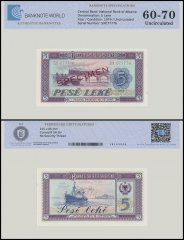 Albania 5 Leke Banknote, 1976, P-42s2, UNC, Specimen, TAP 60-70 Authenticated