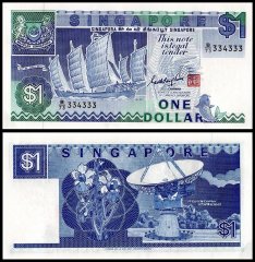 Singapore 1 Dollar Banknote, 1987 ND, P-18a, UNC, Fancy Serial #