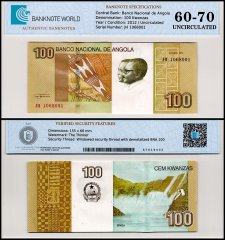 Angola 100 Kwanzas Banknote, 2012, P-153a, UNC, TAP 60-70 Authenticated
