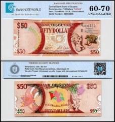 Guyana 50 Dollars Banknote, 2016, P-41, UNC, Commemorative, Radar Serial #AB593395, TAP 60-70 Authenticated