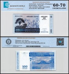 Madagascar 100 Ariary Banknote, 2004, P-86b, UNC, TAP 60-70 Authenticated