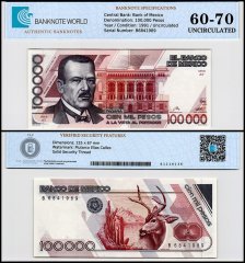 Mexico 100,000 Pesos Banknote, 1991, P-94b.3, UNC, Series AT, TAP 60-70 Authenticated