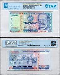 Peru 500,000 Intis Banknote, 1988, P-146, VF-Very Fine, TAP Authenticated