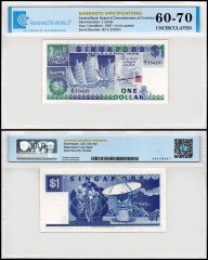 Singapore 1 Dollar Banknote, 1987 ND, P-18a, UNC, TAP 60-70 Authenticated