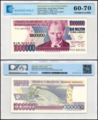 Turkey 1 Million Lira Banknote, L.1970 (2002 ND), P-213a.2, UNC, Prefix P, TAP 60-70 Authenticated