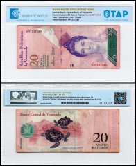 Venezuela 20 Bolivar Fuerte Banknote, 2007-2014, P-91, Used, TAP Authenticated