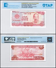 Vietnam 500 Dong Banknote, 1988, P-101a.2, UNC, TAP Authenticated