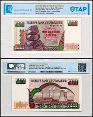 Zimbabwe 500 Dollars Banknote, 2001, P-11a, UNC, Radar Serial #, TAP Authenticated