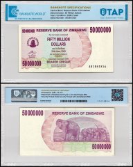 Zimbabwe 50 Million Dollars Bearer Cheque, 2008, P-57, Used, TAP Authenticated