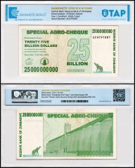 Zimbabwe 25 Billion Dollars Special Agro Cheque, 2008, P-62, Used, TAP Authenticated
