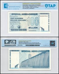 Zimbabwe 100 Billion Dollars Special Agro Cheque, 2008, P-64z, UNC, Replacement, TAP Authenticated