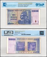 Zimbabwe 10 Million Dollars Banknote, 2008, P-78, Used, TAP Authenticated