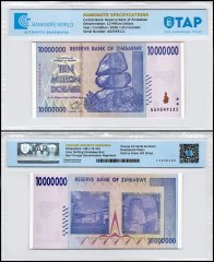 Zimbabwe 10 Million Dollars Banknote, 2008, P-78, UNC, TAP Authenticated