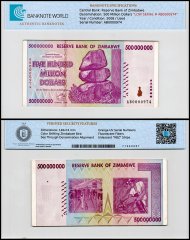 Zimbabwe 500 Million Dollars Banknote, 2008, P-82, Used, Low Serial # AB0000974, Prefix AB, TAP Authenticated