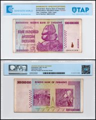 Zimbabwe 500 Million Dollars Banknote, 2008, P-82, Used, Radar Serial #AB0031300, TAP Authenticated