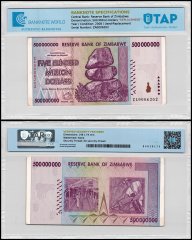 Zimbabwe 500 Million Dollars Banknote, 2008, P-82z, Used, Replacement, TAP Authenticated