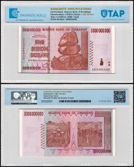 Zimbabwe 5 Billion Dollars Banknote, 2008, P-84, Used, Low Serial #, TAP Authenticated