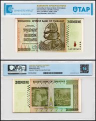 Zimbabwe 20 Billion Dollars Banknote, 2008, P-86, Used, TAP Authenticated