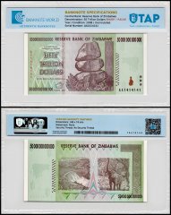 Zimbabwe 50 Trillion Dollars Banknote, 2008, AA, P-90, UNC, Binary Serial, Radar Serial #, TAP Authenticated