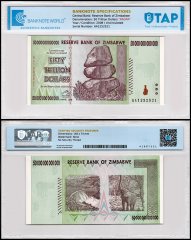 Zimbabwe 50 Trillion Dollars Banknote, 2008, AA, P-90, UNC, Radar Serial #, TAP Authenticated