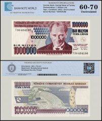 Turkey 1 Million Lira Banknote, L.1970 (2002 ND), P-213a.2, UNC, Prefix T, TAP 60-70 Authenticated