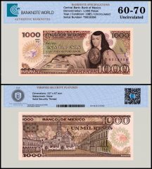 Mexico 1,000 Pesos Banknote, 1985, P-85a.10, UNC, Series YC, TAP 60-70 Authenticated
