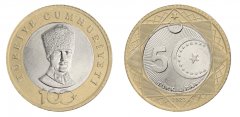 Turkey 5 Lira Coin, 2023, N #384041, Mint, Commemorative, 100th Anniversary of Republic of Turkey, Mustafa Kemal Ataturk