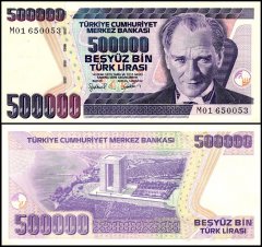 Turkey 500,000 Lira Banknote, L.1970 (1997 ND), P-212a.3, UNC, Prefix M