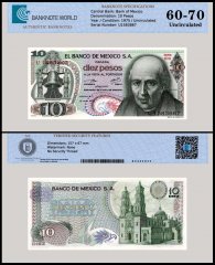 Mexico 10 Pesos Banknote, 1975, P-63h.3, UNC, Series 1DU, TAP 60-70 Authenticated